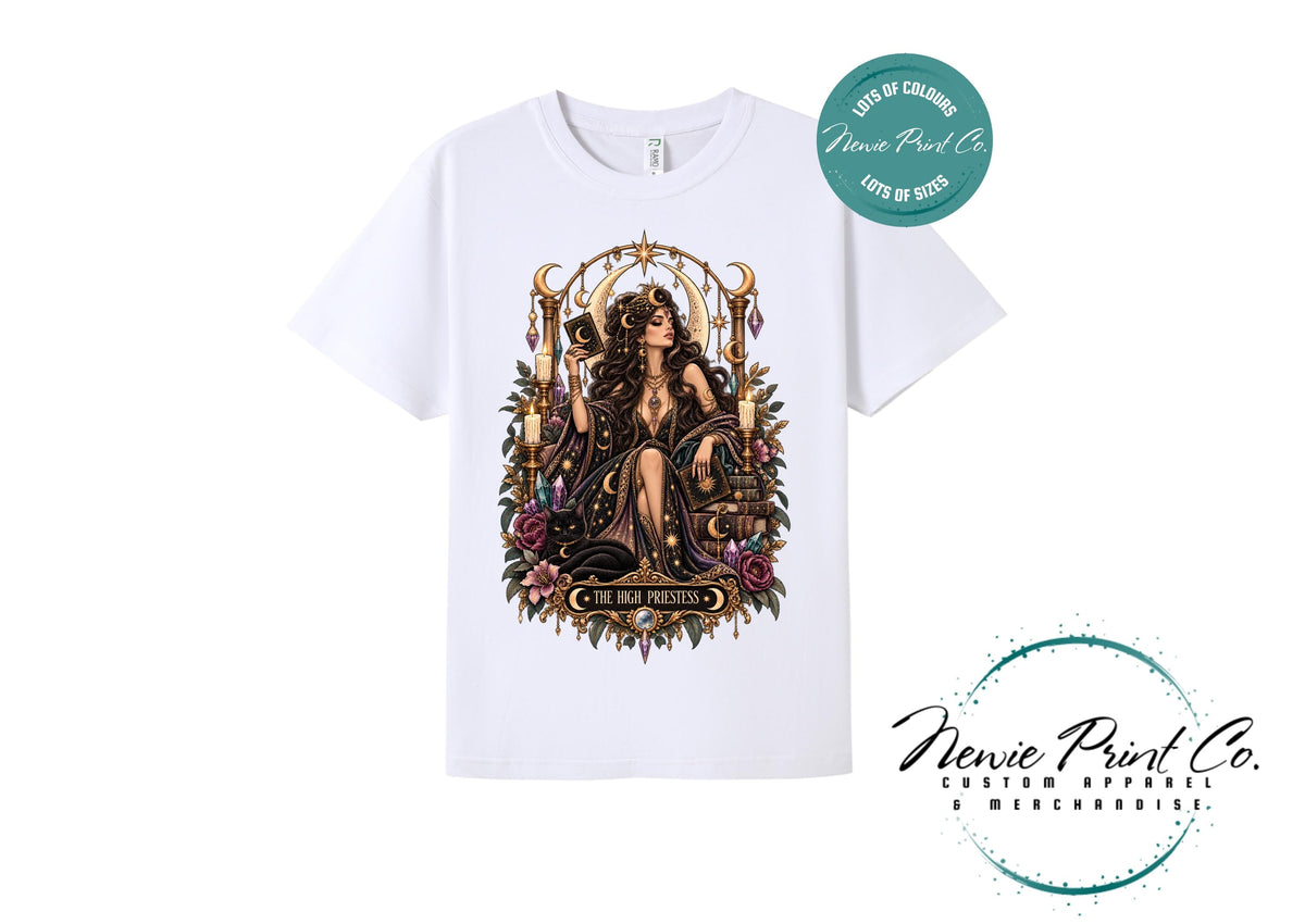High Priestess Tarot T-Shirt, Witchy Graphic Tee, Gothic Celestial Shirt, Dark Academia Clothing, Mystical Gift for Her