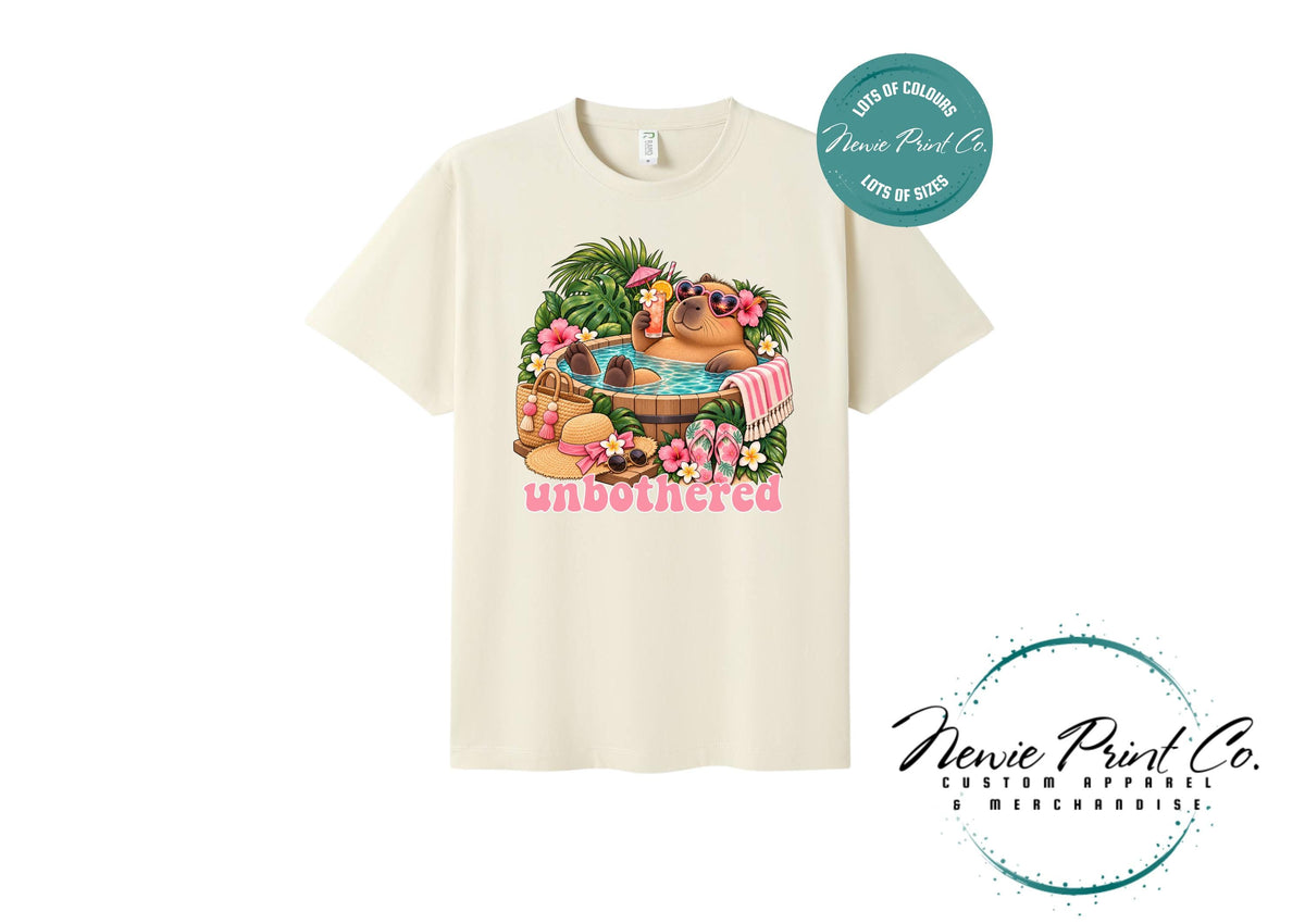 Capybara Unbothered T-Shirt, Funny Capybara Graphic Tee, Summer Pool Shirt, Cute Animal Lover Gift, Tropical Holiday Tee, Multiple Colours