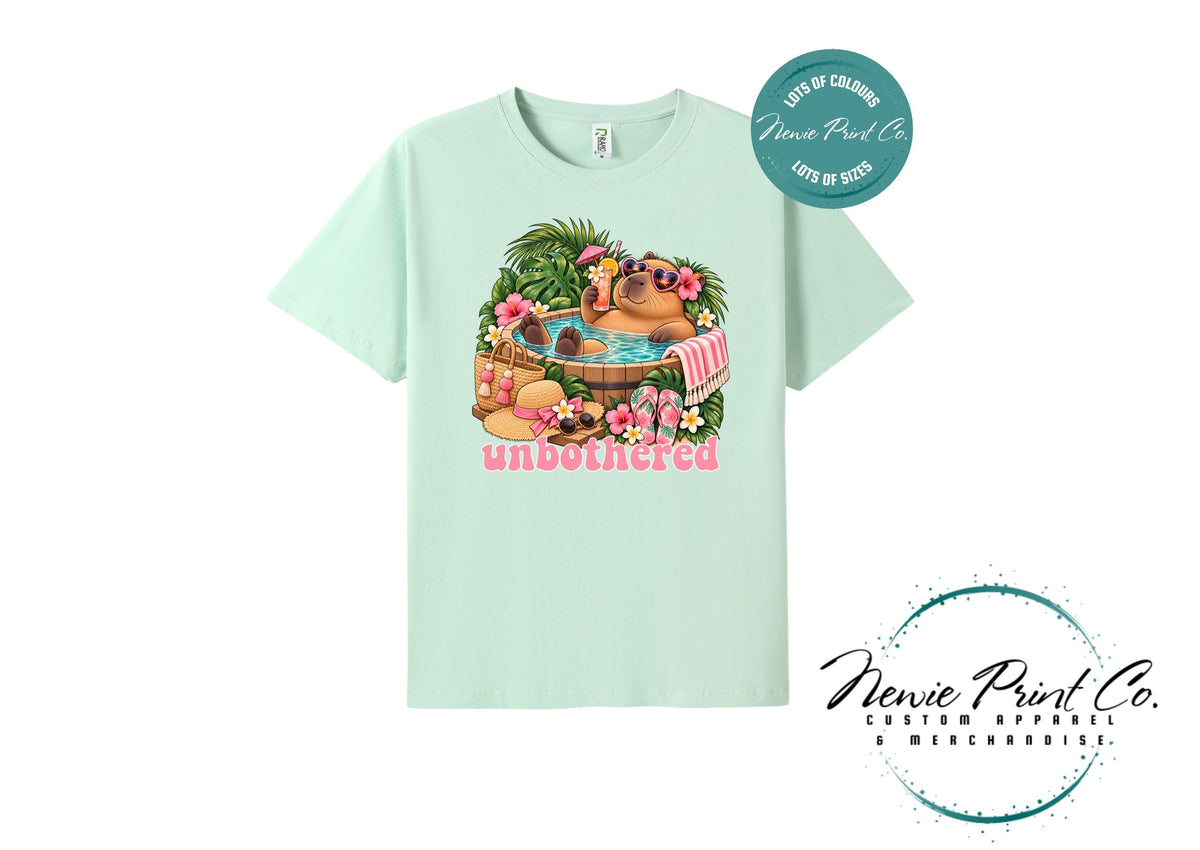 Capybara Unbothered T-Shirt, Funny Capybara Graphic Tee, Summer Pool Shirt, Cute Animal Lover Gift, Tropical Holiday Tee, Multiple Colours