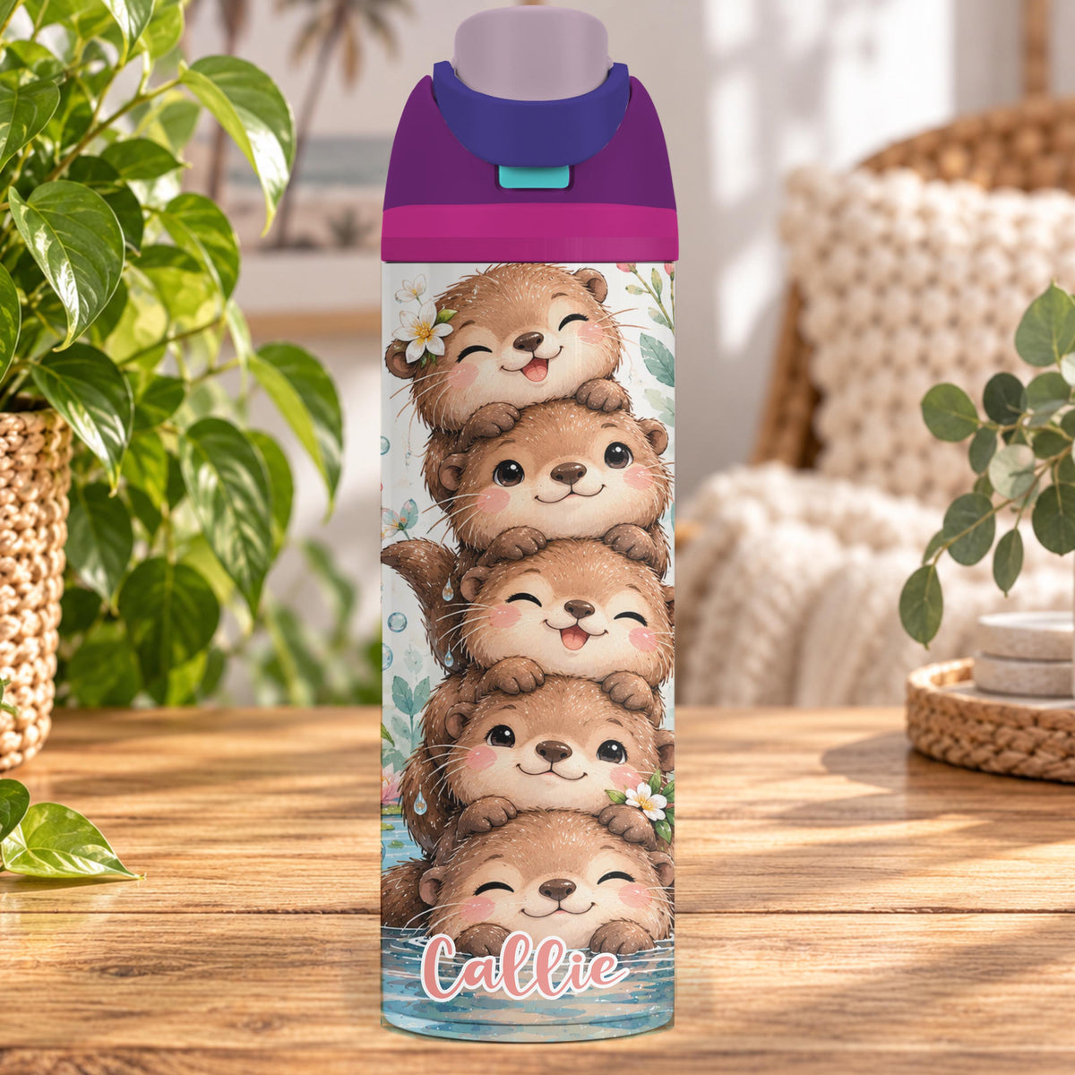 Personalised Otter Water Bottle, Insulated Kids Drink Bottle, Cute Otter Gift, Custom Name Stainless Steel Bottle, 20oz 24oz