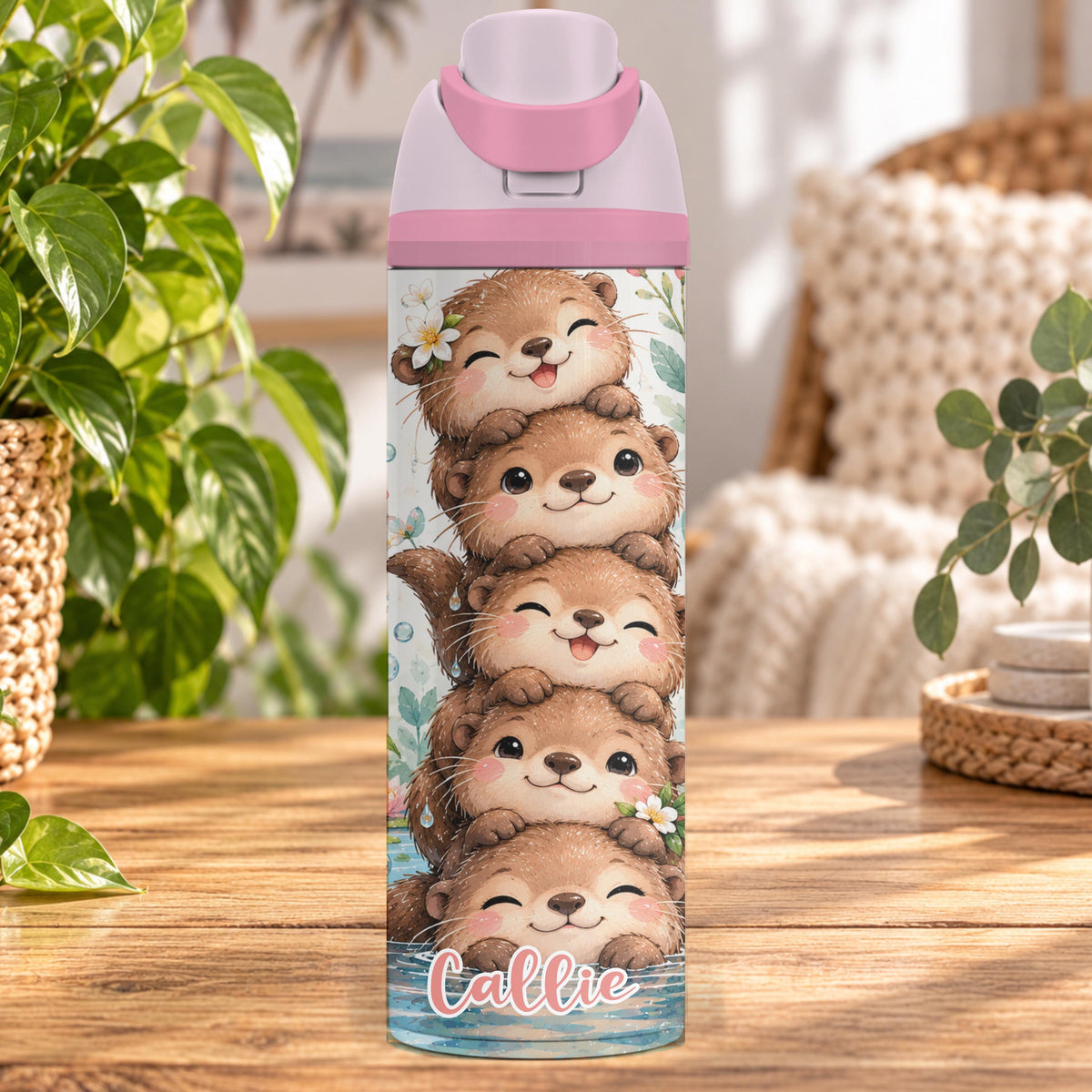 Personalised Otter Water Bottle, Insulated Kids Drink Bottle, Cute Otter Gift, Custom Name Stainless Steel Bottle, 20oz 24oz