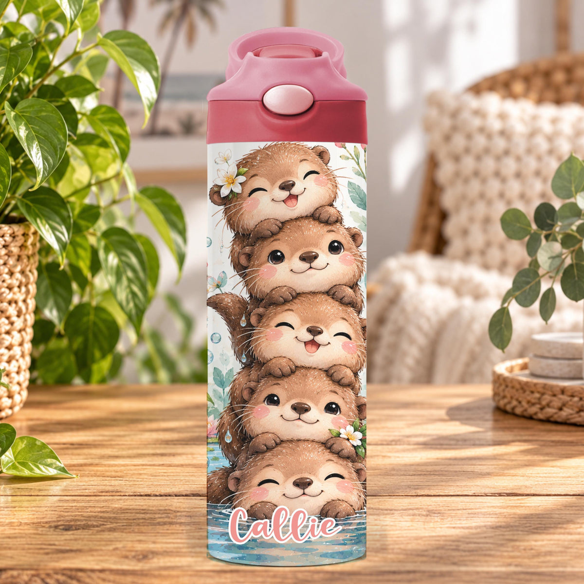 Personalised Otter Water Bottle, Insulated Kids Drink Bottle, Cute Otter Gift, Custom Name Stainless Steel Bottle, 20oz 24oz