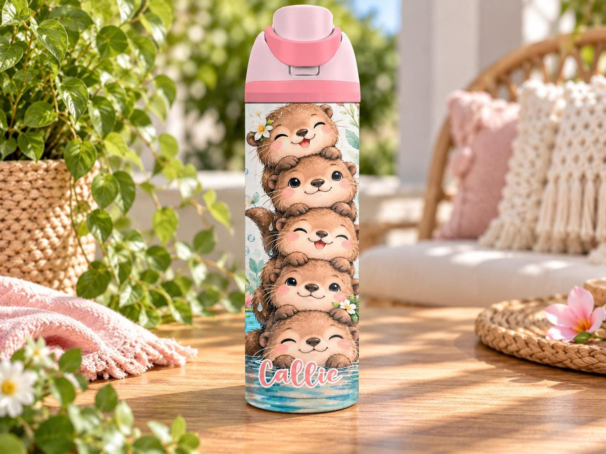 Personalised Otter Water Bottle, Insulated Kids Drink Bottle, Cute Otter Gift, Custom Name Stainless Steel Bottle, 20oz 24oz