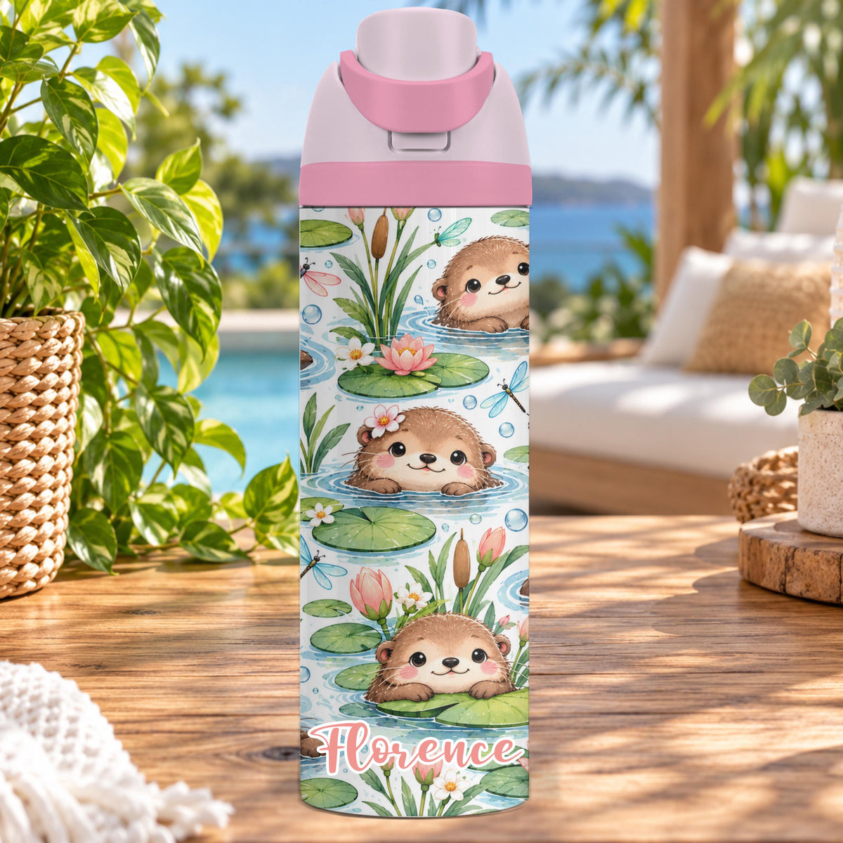 Personalised Swimming Otter Water Bottle, Insulated Kids Drink Bottle, Cute Otter Gift, Custom Name Stainless Steel Bottle, 20oz 24oz