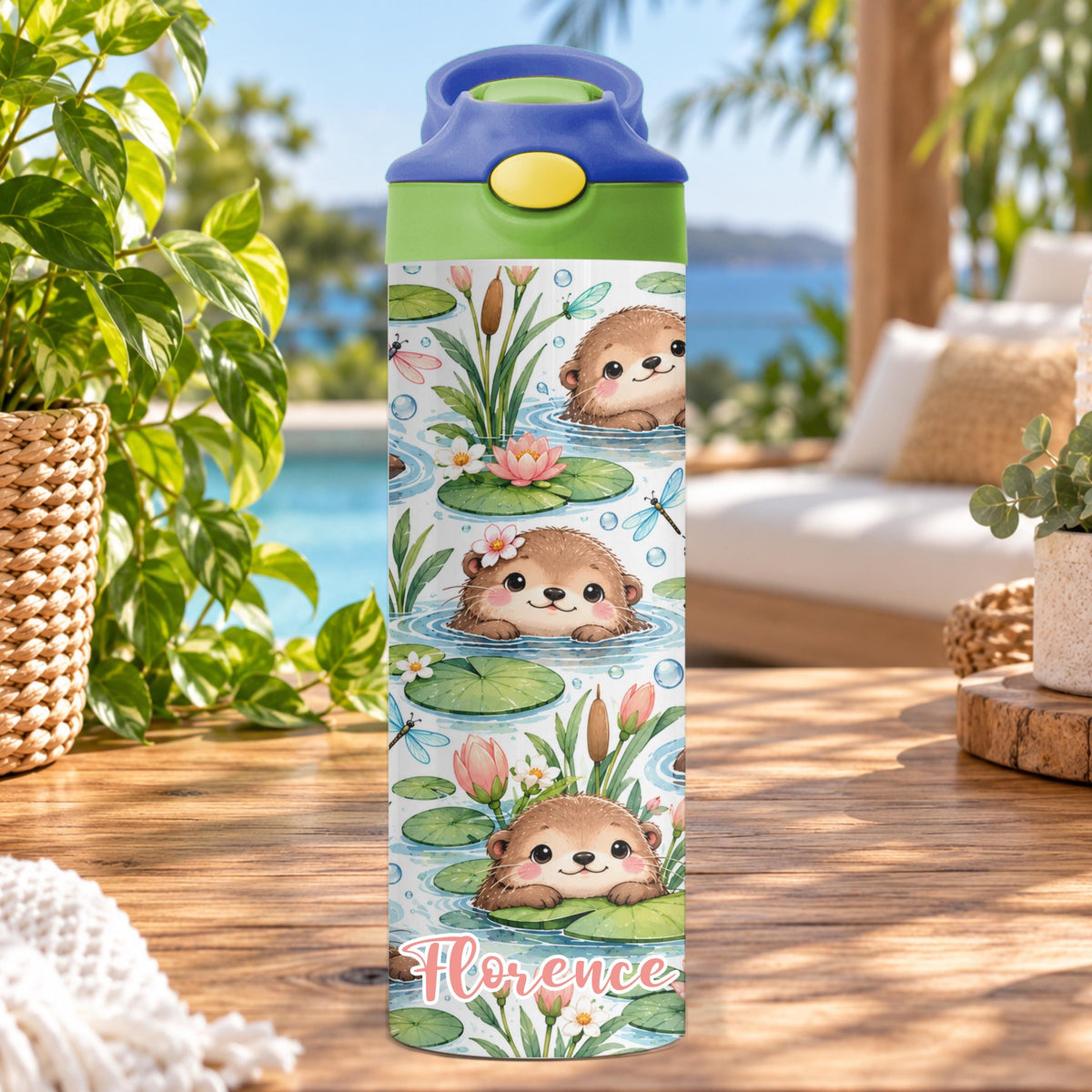 Personalised Swimming Otter Water Bottle, Insulated Kids Drink Bottle, Cute Otter Gift, Custom Name Stainless Steel Bottle, 20oz 24oz