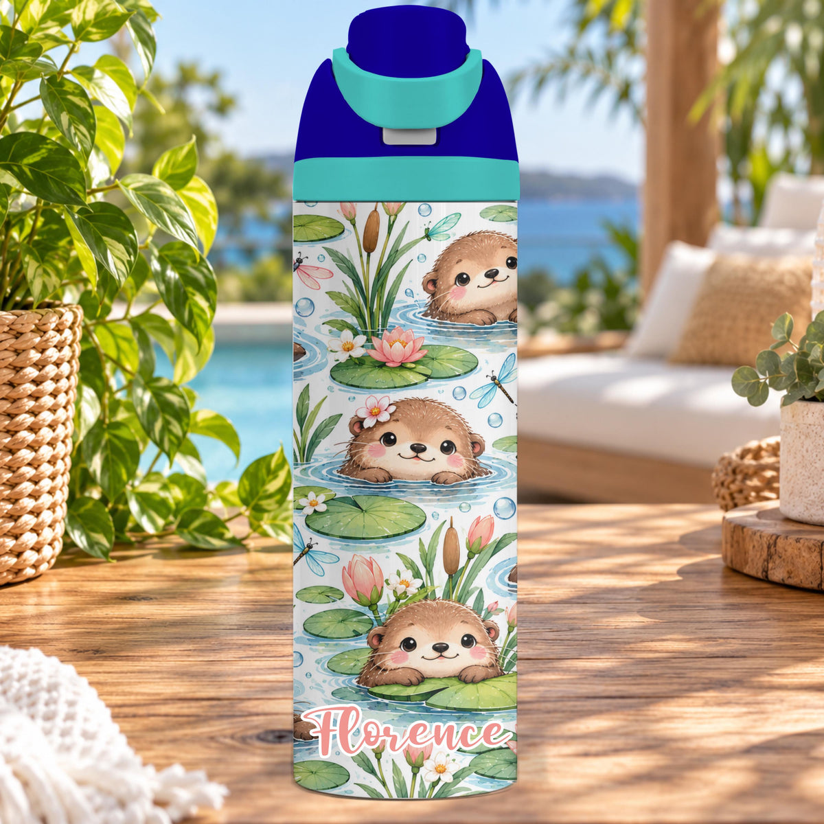 Personalised Swimming Otter Water Bottle, Insulated Kids Drink Bottle, Cute Otter Gift, Custom Name Stainless Steel Bottle, 20oz 24oz