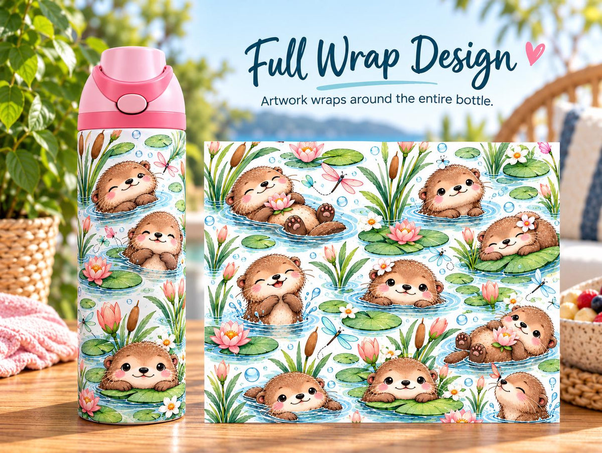 Personalised Swimming Otter Water Bottle, Insulated Kids Drink Bottle, Cute Otter Gift, Custom Name Stainless Steel Bottle, 20oz 24oz