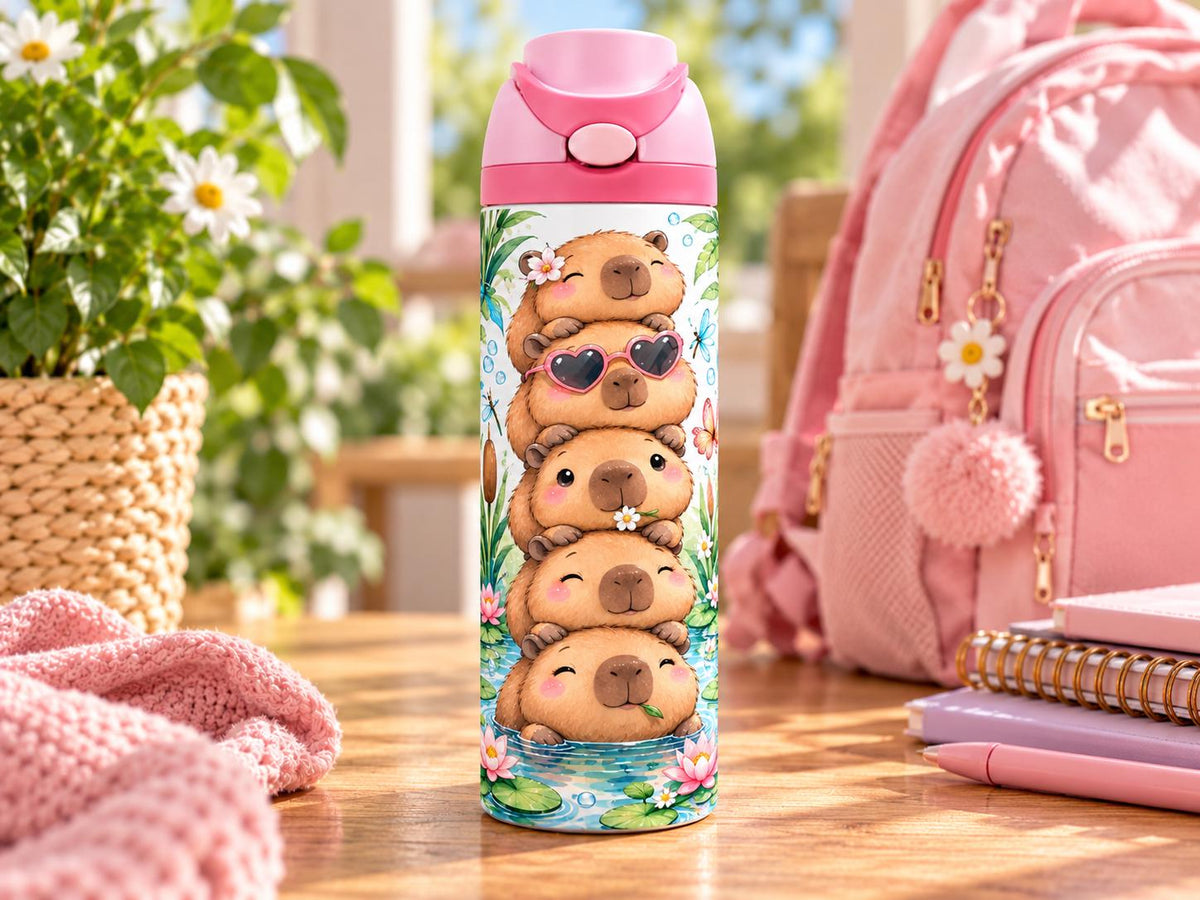 Personalised Capybara Water Bottle, Insulated Kids Drink Bottle, Cute Capybara Gift, Custom Name Stainless Steel Bottle, 20oz 24oz