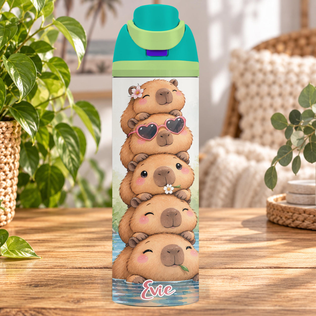 Personalised Capybara Water Bottle, Insulated Kids Drink Bottle, Cute Capybara Gift, Custom Name Stainless Steel Bottle, 20oz 24oz