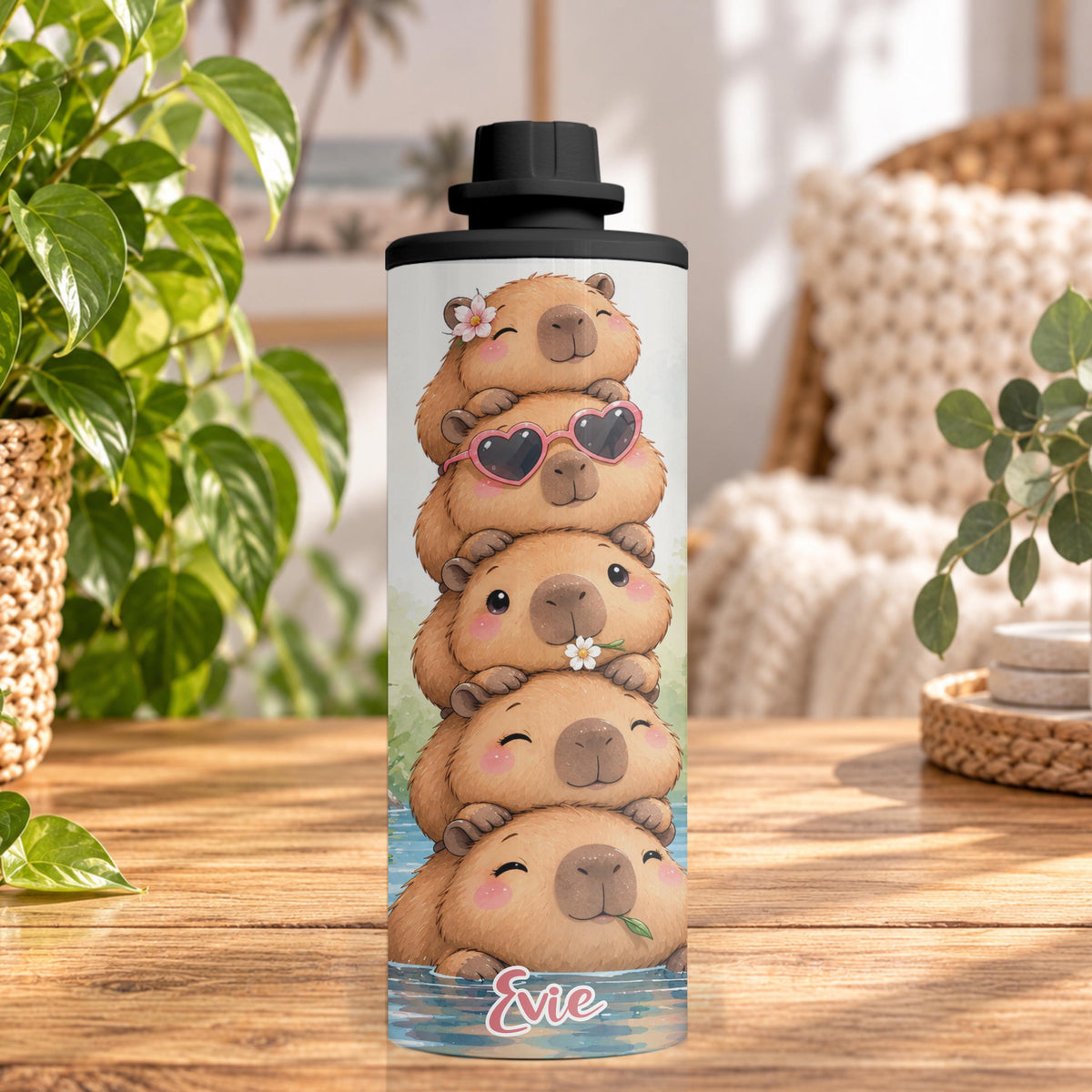 Personalised Capybara Water Bottle, Insulated Kids Drink Bottle, Cute Capybara Gift, Custom Name Stainless Steel Bottle, 20oz 24oz