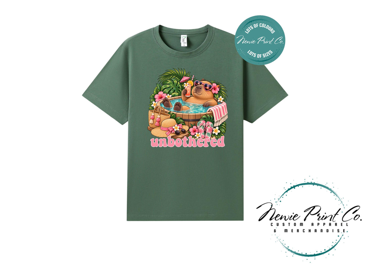 Capybara Unbothered T-Shirt, Funny Capybara Graphic Tee, Summer Pool Shirt, Cute Animal Lover Gift, Tropical Holiday Tee, Multiple Colours