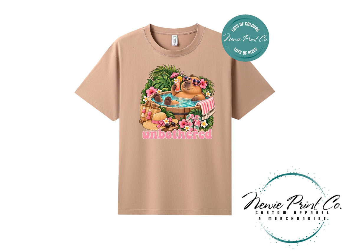 Capybara Unbothered T-Shirt, Funny Capybara Graphic Tee, Summer Pool Shirt, Cute Animal Lover Gift, Tropical Holiday Tee, Multiple Colours