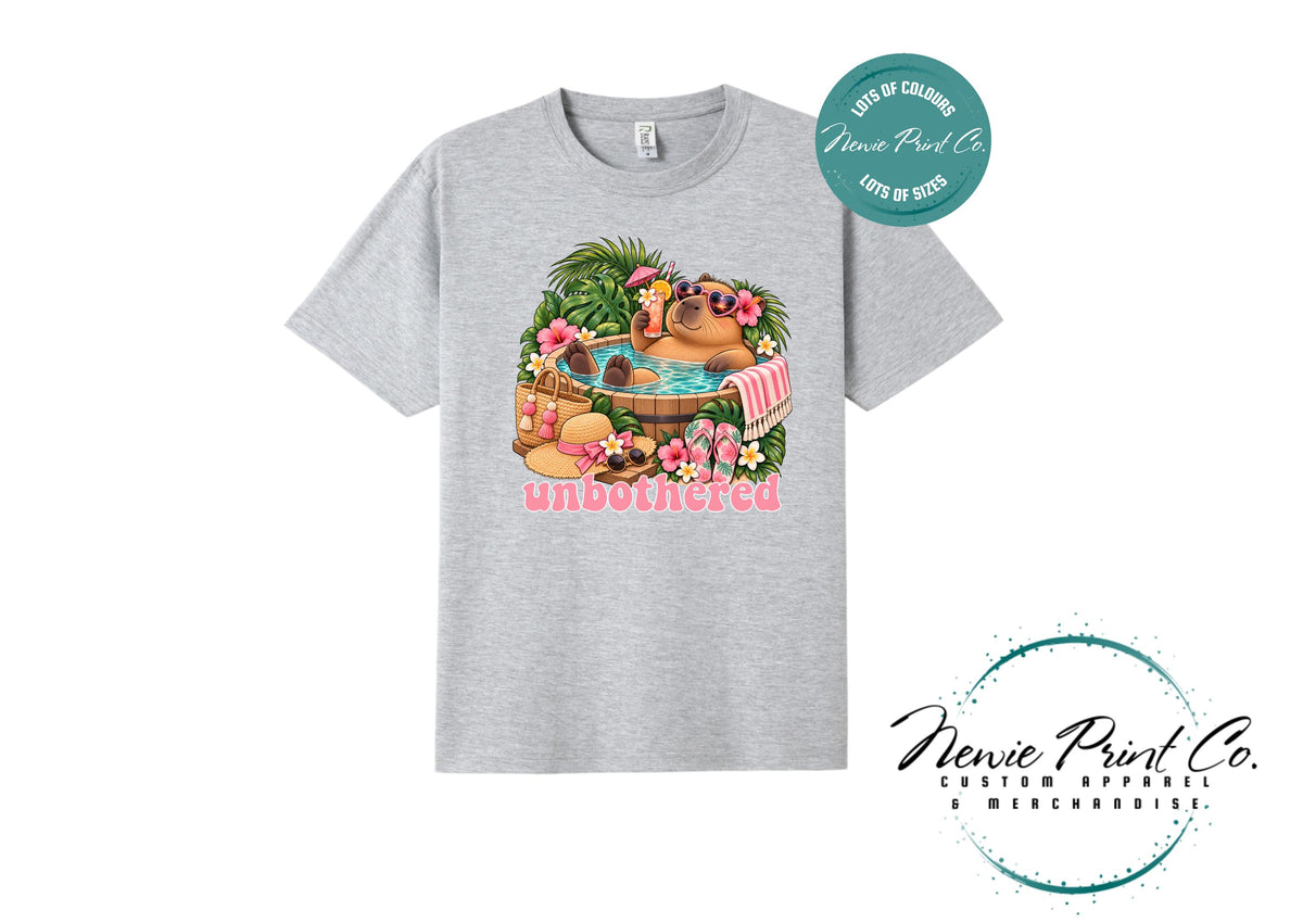 Capybara Unbothered T-Shirt, Funny Capybara Graphic Tee, Summer Pool Shirt, Cute Animal Lover Gift, Tropical Holiday Tee, Multiple Colours